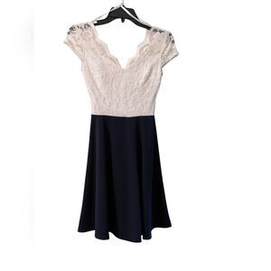 B DARLIN Prom Dance Semi-Formal Midi Dress Navy White Lace Top Size 1/2